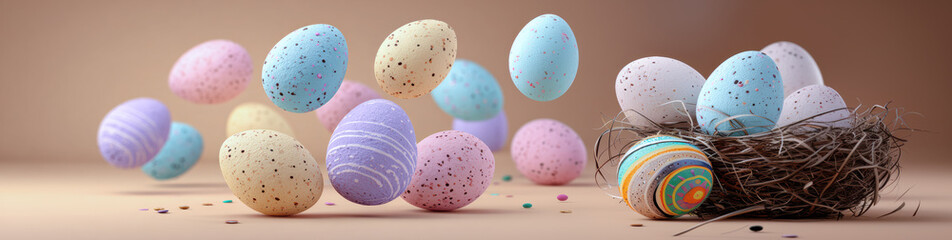 Charming arrangement of pastel eggs nestled in cozy setting with soft lighting and rustic background