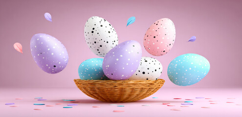 Bright pastel egg arrangement celebration, Colorful basket of cheerful pastel eggs vividly arranged