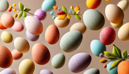 Softly lit springtime tabletop arrangement showcasing pastel eggs among natural foliage and branches