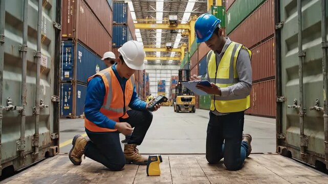 two cargo inspectors inside container measuring floor and scanning seal with tablet - high visibility vests and helmets - container yard in background - procedural pre shipment safety