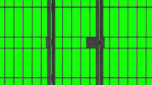 3d rendered animation of prison bars and door on green screen
