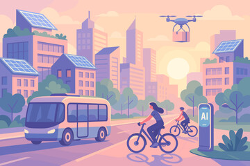 Naklejka premium City scene shows people riding bikes, a bus, and a drone delivering a package during sunset with buildings and solar panels