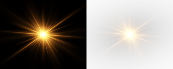 Starburst flare with light rays and glowing starlight beam. Festive golden sparkle overlay with brilliant abstract glow. © FlammaChe