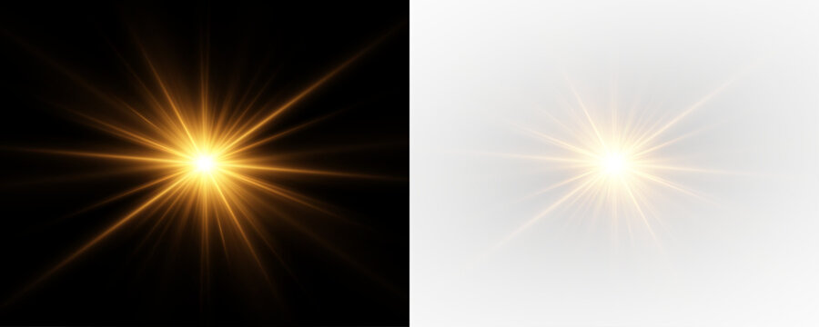 Starburst flare with light rays and glowing starlight beam. Festive golden sparkle overlay with brilliant abstract glow.