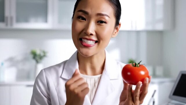 A focused Asian professional, clad in a crisp white lab coat, stands in a brightly lit, clean, and modern setting, possibly a laboratory, clinic, or contemporary kitchen. She holds a perfectly ripe, v