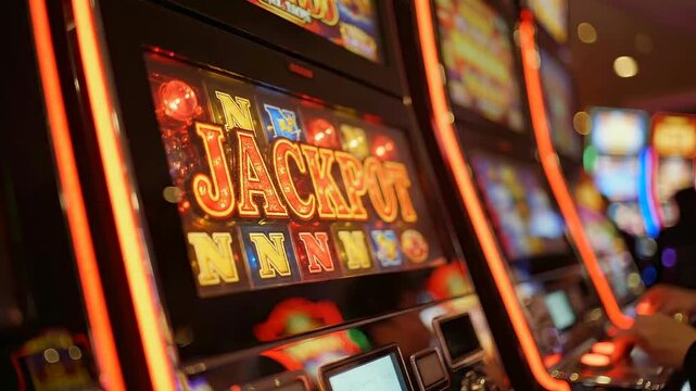 Illuminated slot sign with energetic gambling floor ambiance and anticipation - Luminous jackpot indicator amidst vivid lights creating charged casino atmosphere of winning excitement