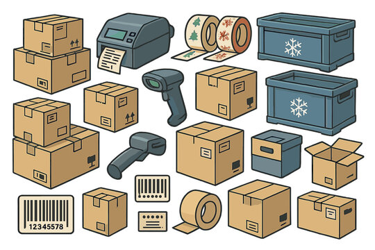 Boxes and labels are shown in a workspace with a printer, scanner, and tape near containers for shipping or storage in a busy area