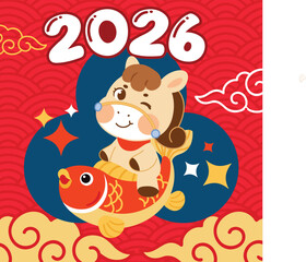 Naklejka premium Adorable Horse Character Riding Koi Fish Chinese New Year 2026 Vector