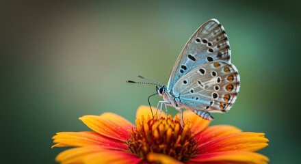 Obraz premium Beautiful Blue Butterfly with Spotted Wings Perched on an Orange Daisy
