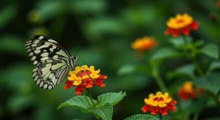 Obraz premium Detailed Macro of a Paper Kite Butterfly Perched on Colorful Lantana Blossoms