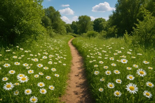Walking path through vibrant daisy field in lush green forest under clear blue sky