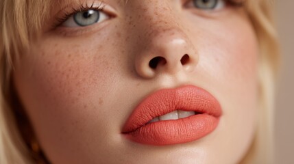 Naklejka premium Close-Up Portrait of a Young Woman with Freckles and Coral Lipstick, Showcasing Beautiful Skin and Striking Blue Eyes, Soft Glamour Style