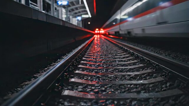 night low angle station tracks with red tail lights and wet reflections - empty platform and silent terminal - moody cinematic atmosphere - neon glow on steel rails - suspenseful urban approach