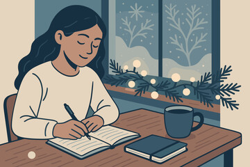 Woman writing in a notebook while sitting at a table with a cup of coffee and looking out a window with snowy decorations