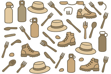 Collection of outdoor gear and items used for hiking and camping activities on a light background in various shades