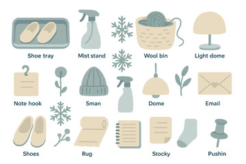 Items for home organization and crafting in a simple style with a mix of household goods and tools