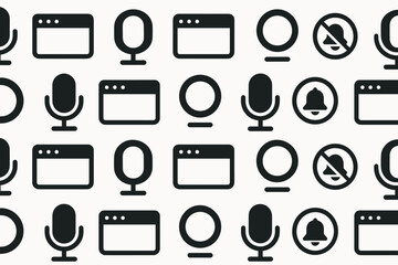 Icons of communication tools and notifications in a grid pattern on a light background displayed in black and white colors