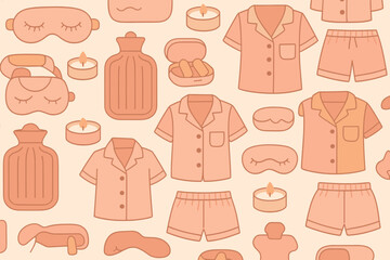 Decorative pattern featuring sleepwear, beauty items, and relaxation tools in soft colors for cozy living