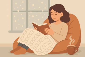 Woman reading a book while sitting on a bean bag by the window with snow outside in winter
