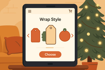 User selects wrapping style options for gifts on a tablet screen next to a decorated Christmas tree in a cozy living room setting