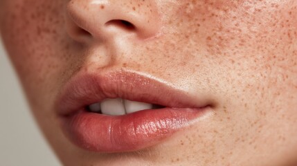 Fototapeta premium Close-Up Portrait of a Human Face Featuring Smooth Skin, Natural Freckles, and Subtle Glossy Lips with Soft Focus on Facial Features and Texture