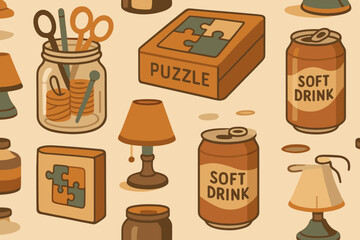Variety of items including scissors, puzzles, lamps, and drinks on a flat surface in a casual setting