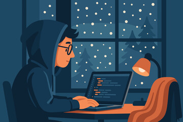 Person works on a laptop at night with snow falling outside a window and a desk lamp turned on