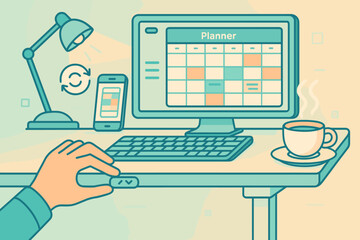 Planning a schedule using a computer while enjoying coffee at a desk in the afternoon