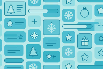 Patterns of winter symbols and shapes in blue on a light background showing decorations for the holiday season