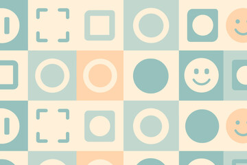 Graphic design artwork displaying various shapes and symbols in a pattern on a light background