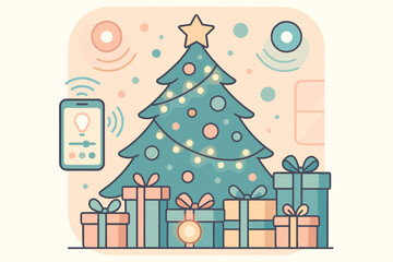 Christmas tree with presents and smart device showing decorations in a festive setting for a holiday celebration