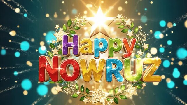 Happy nowruz celebration greeting with colorful letters and stars