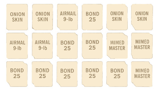 Cards display names and types of paper used for different purposes in a simple layout, showing their arrangements on a light background
