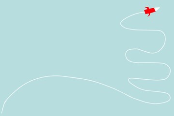 A red rocket flies upwards in a blue sky, leaving a winding white trail behind. Hand-drawn design.