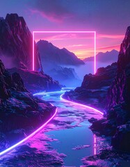 Neon River Through Mountains - A Vibrant Landscape of Light and Nature.