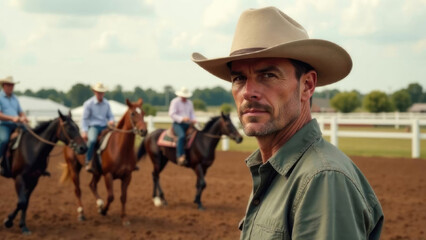European gentleman in a cowboy hat and crisp shirt, old money style portrait against a horse racing backdrop. Refined western elegance with ample free space for your text