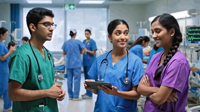 resident leading bedside handover in busy emergency room with nurse and intern - tablet and clipboard exchange while resuscitation bays and monitors hum in background - focused tense teamwork