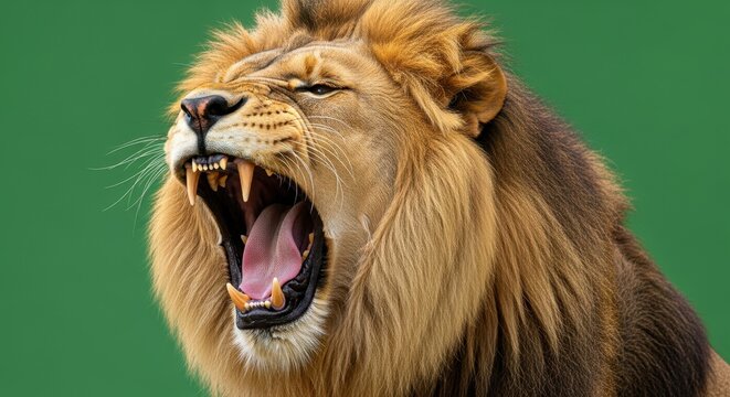 Close up side view portrait of aggressive male lion roaring with open mouth and sharp fangs isolated on green background. Wild african animal head showing power and fury