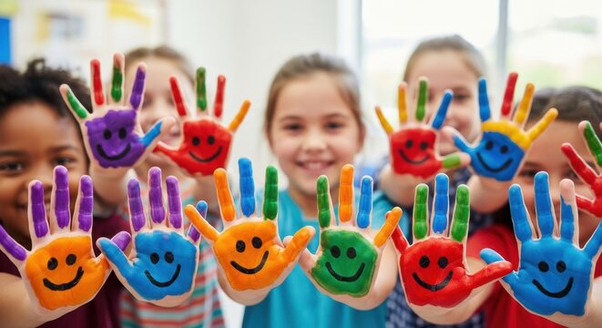 Group of happy multiethnic children showing colorful painted hands with smiley faces to camera. Creative art education concept with funny diverse kids having fun in kindergarten class.
