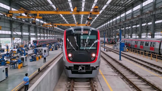 red commuter train in maintenance depot with technicians inspecting and calibrating systems - overhead cranes - inspection pits - long parallel tracks - diagnostic equipment - supervisors