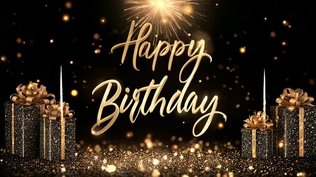 Sparkling luxury birthday scene with black and gold theme, bright fireworks illuminating the background and elegant metallic text Happy Birthday with gift decorations