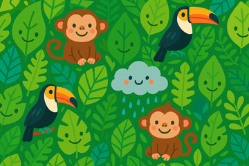 Naklejka premium Monkeys and toucans surrounded by green leaves in a fun scene showing animals with smiles and a cloud in a playful design