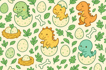 Dinosaurs hatching from eggs in a playful scene with leaves and bones in bright colors