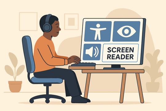 Person uses screen reader on computer in home office during daytime to access digital content easily with assistive technology