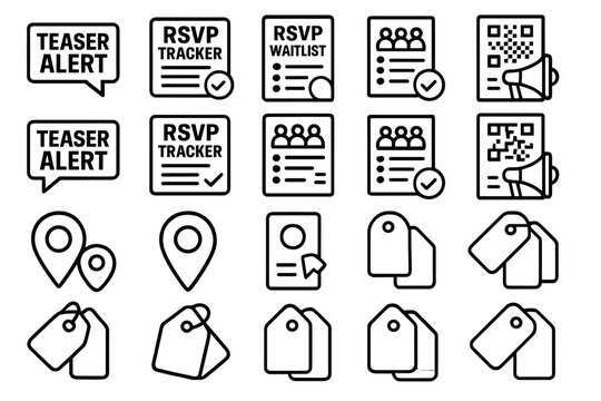 Icons for RSVP tracking and event management display various notifications and tags in simple designs suitable for digital platforms