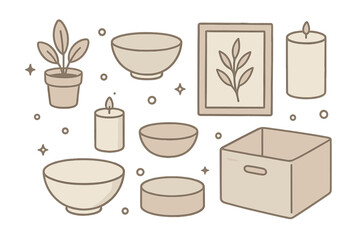 Fototapeta premium Decorative items with plants and bowls in a simple layout for home organization