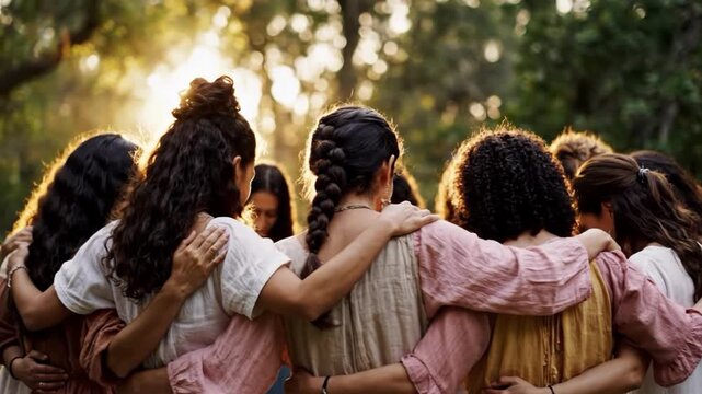 Group of diverse women embracing outdoors during golden hour sunlight