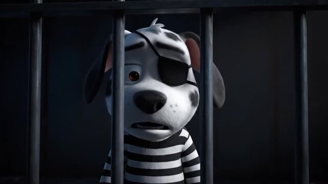 Animated dog behind bars with sad expression and eye patch