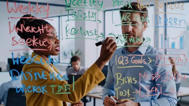 colleagues discussing strategy on glassboard - product manager and designer map goals with colorful markers and charts - modern office backdrop - focused expressions and dynamic gestures