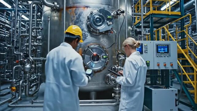 engineers in white coats conducting thermal scan inside processing plant - stainless pressure vessel - handheld infrared device and tablet - instrumentation panels - safety goggles and careful